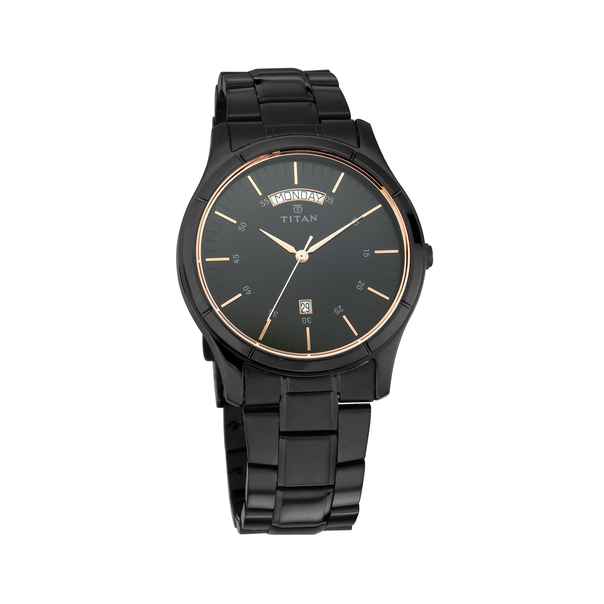 Titan Quartz Analog with Day and Date Black Dial Stainless Steel Strap