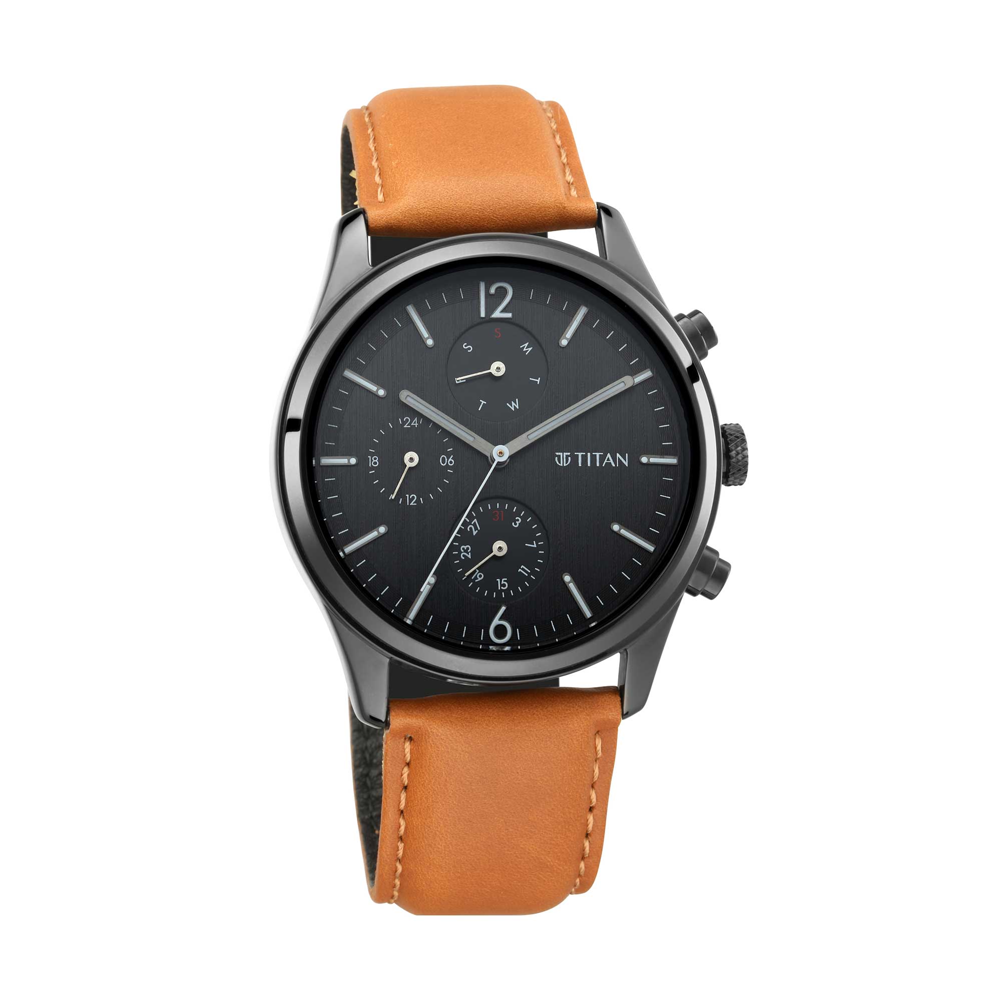 Buy Titan Quartz Multifunction Black Dial Leather Strap Watch for