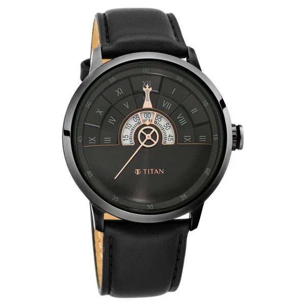 Titan Grandmaster Black Dial Quartz Analog Leather Strap Watch for Men (1828QL03)