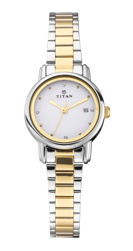 Titan Karishma White Dial Analog with Date Two-Toned Stainless Steel Strap for Women