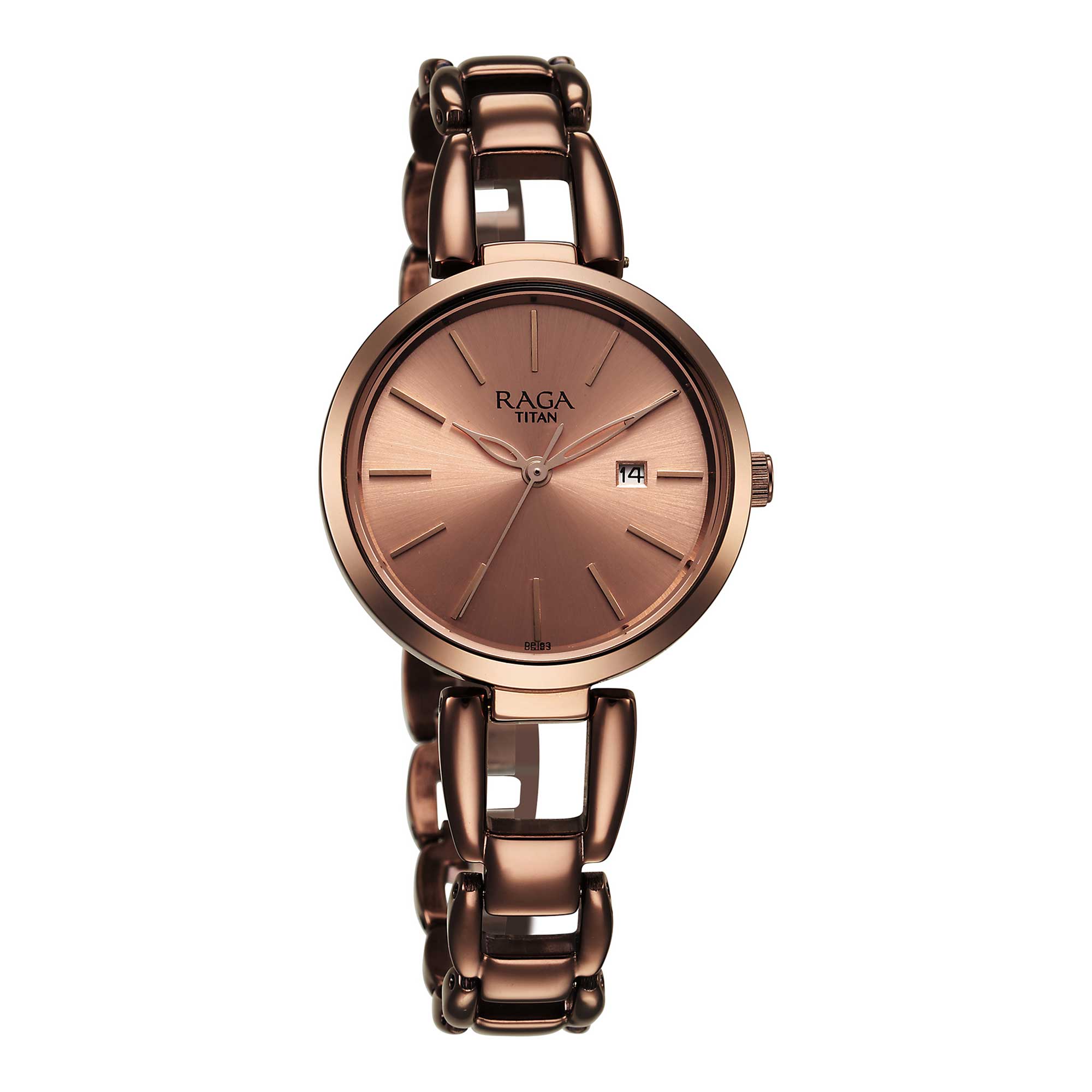 Titan Raga Viva Quartz Analog with Date Rose Gold Dial Brown Metal Strap Watch for Women-2642QM01