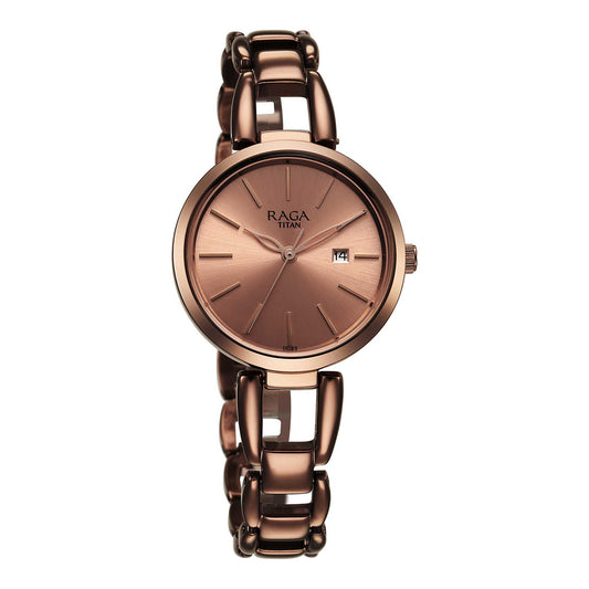 Titan Raga Viva Quartz Analog with Date Rose Gold Dial Brown Metal Strap Watch for Women-2642QM01