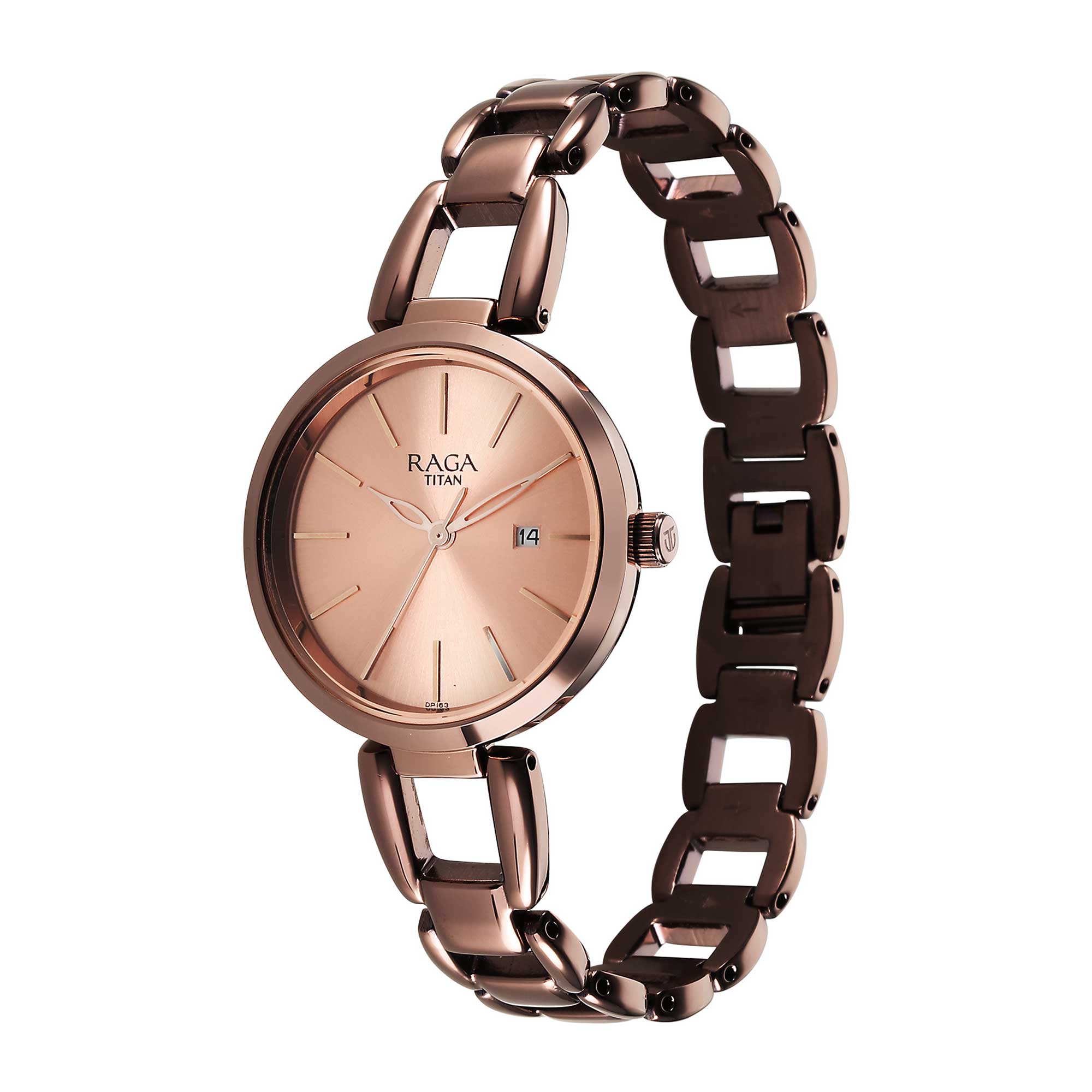 Titan Raga Viva Quartz Analog with Date Rose Gold Dial Brown Metal Strap Watch for Women-2642QM01