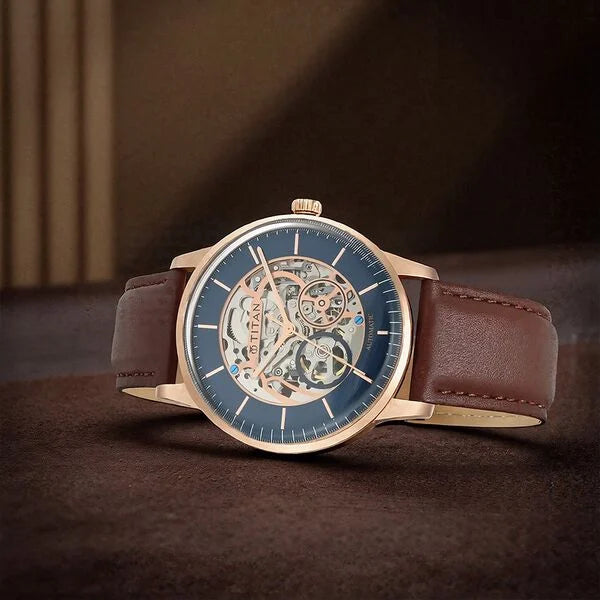 Titan Automatics Blue Dial Automatic Leather Strap watch for Men (NS90110WL02)