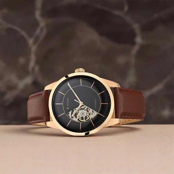 Titan Automatic Sectoral Black Dial Brown Leather Strap Watch for Men (90126WL02)