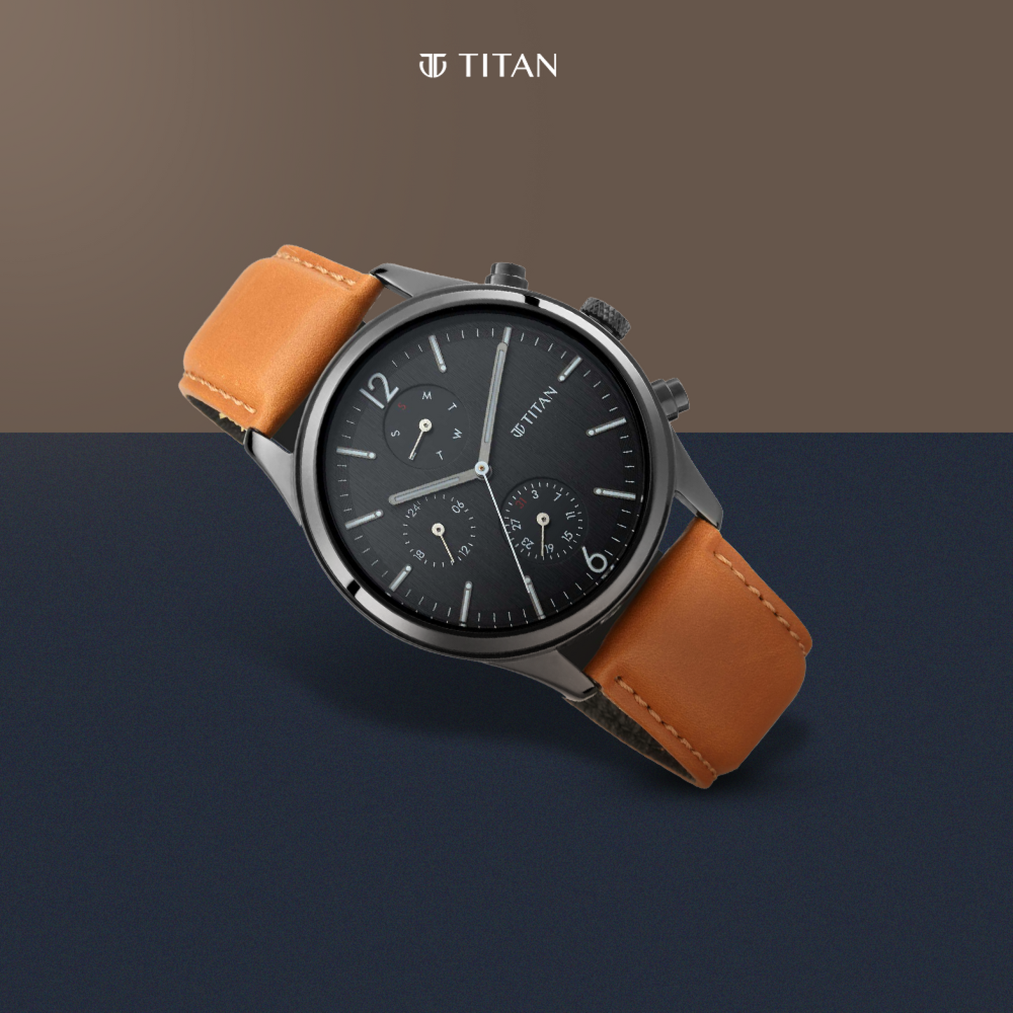 Titan Quartz Multifunction Black Dial Leather Strap Watch for Men