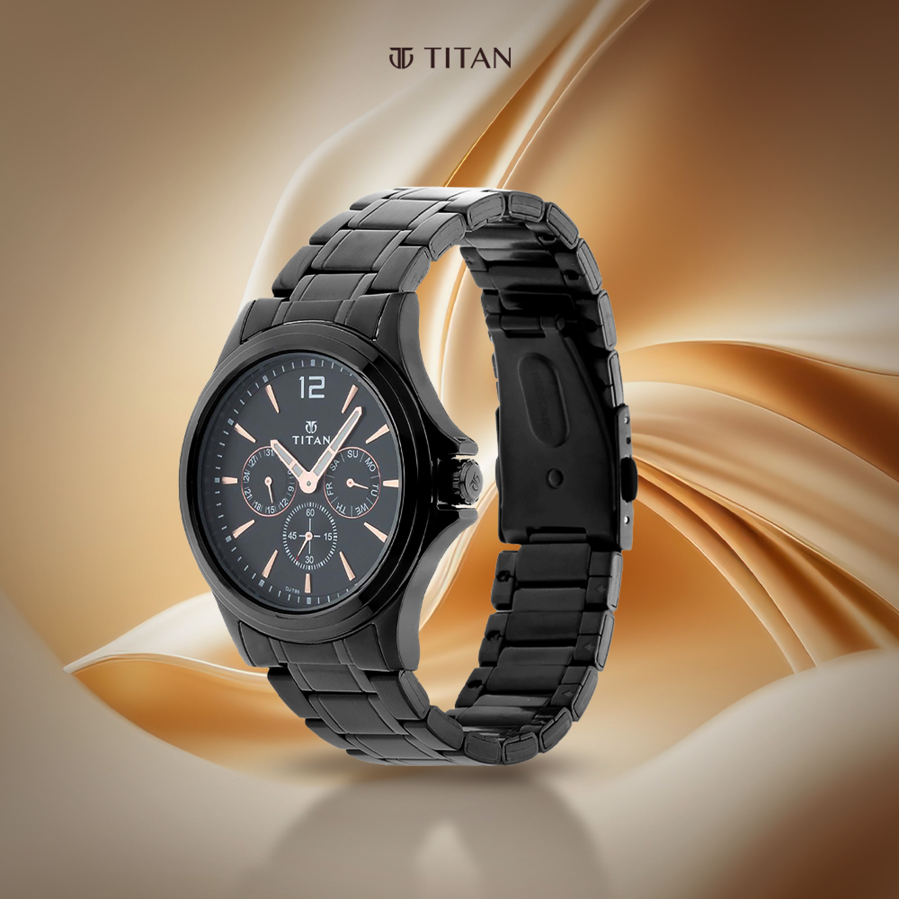 Titan Quartz Multifunction Black Dial Stainless Steel Strap Watch for Men