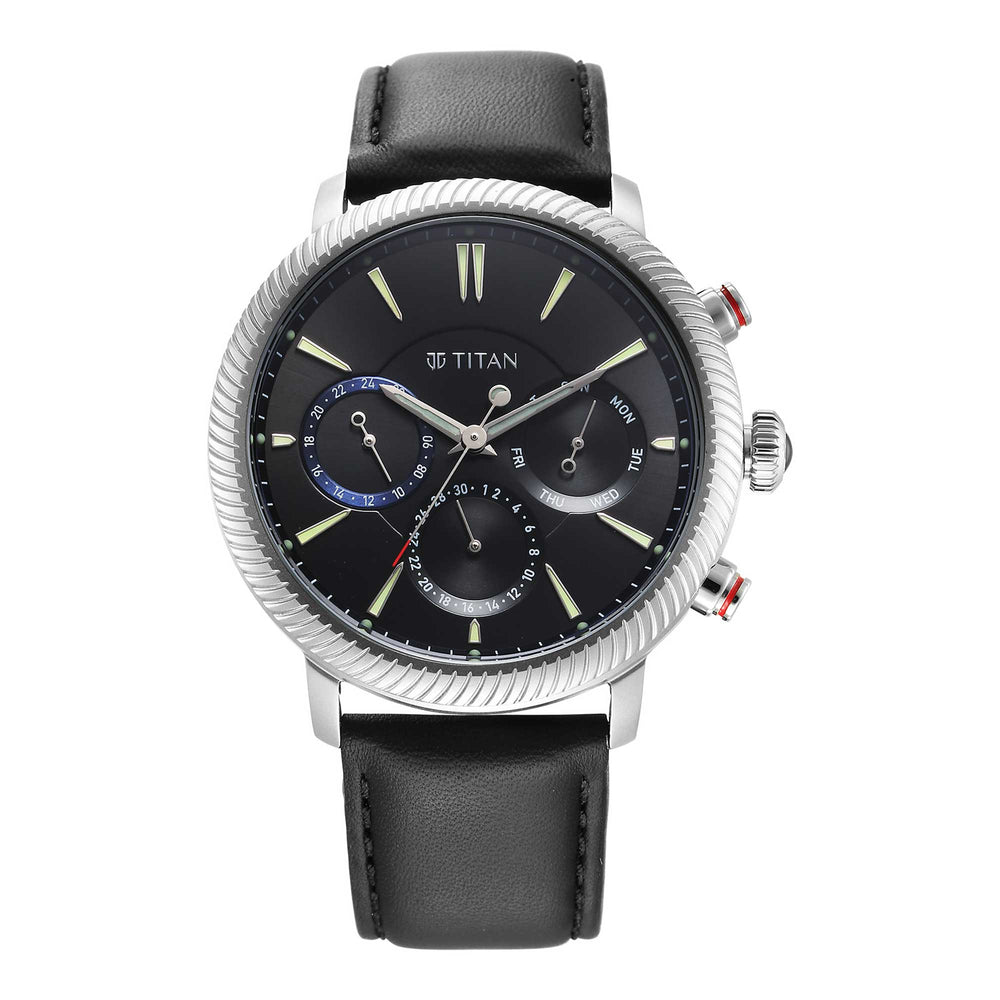 Titan Stellar Quartz Multifunction Black Dial Leather Strap Watch for Men