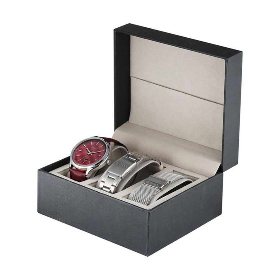 Jam Tangan Lelaki Tali Boleh Tukar Titan Classique Palette of Time Magenta Dial