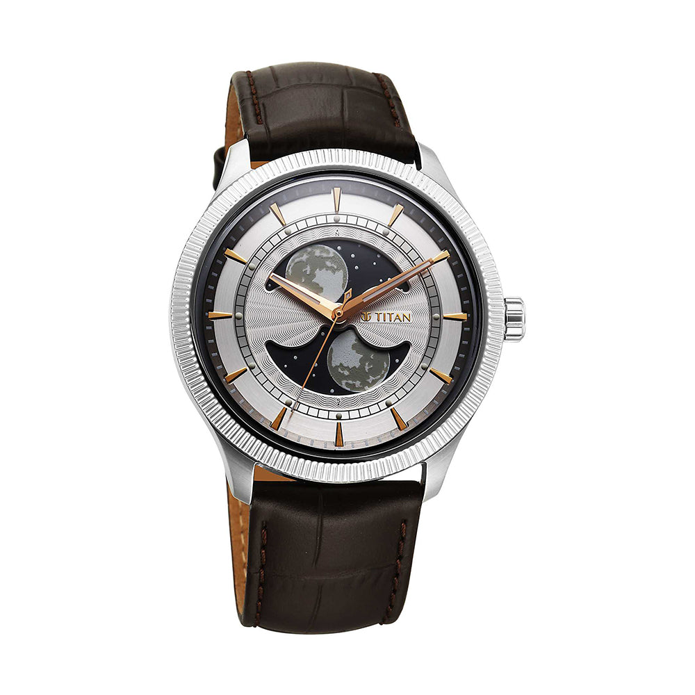 Titan Stellar Dual Moon Phase and Silver Dial Leather Strap Watch for Men