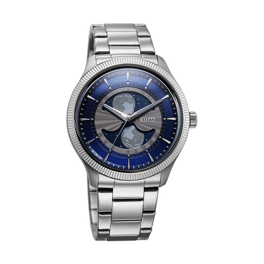 Titan Stellar Dual Moon Phase and Blue Dial Stainless Steel Strap Watch for Men