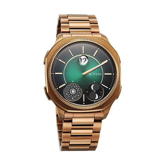 Titan Stellar Dual Moonphase and Green Dial Stainless Steel Strap Watch for Men