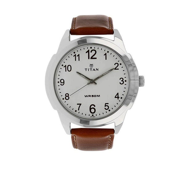 Titan Quartz Analog White Dial Leather Strap Watch for Men