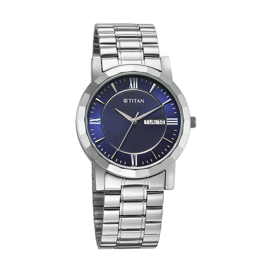 Jam Tangan Lelaki Tali Keluli Tahan Karat Dail Biru Titan Quartz