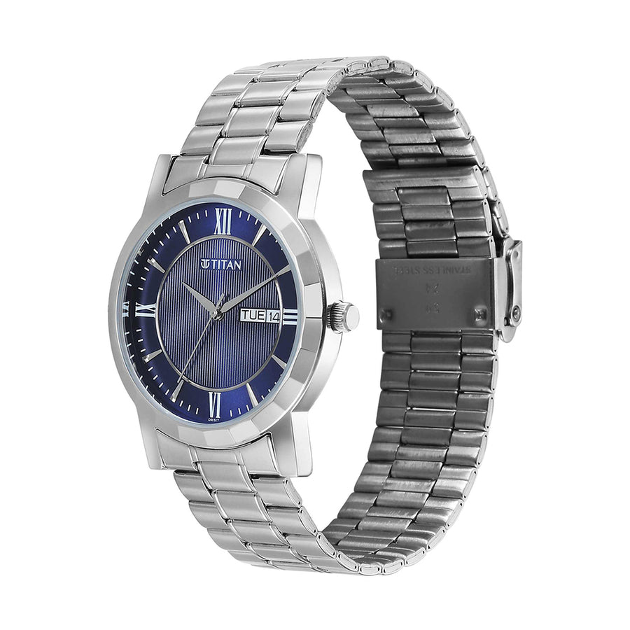 Jam Tangan Lelaki Tali Keluli Tahan Karat Dail Biru Titan Quartz