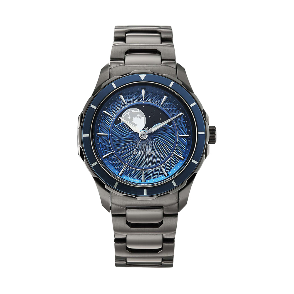 Titan Noor Collection Blue Dial Stainless Steel Strap Watch for men