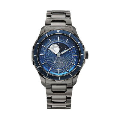 Titan Noor Collection Blue Dial Stainless Steel Strap Watch for men