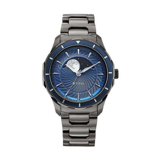 Titan Noor Collection Blue Dial Stainless Steel Strap Watch for men