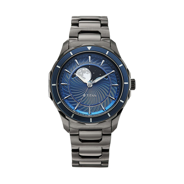 Titan Noor Collection Blue Dial Stainless Steel Strap Watch for men
