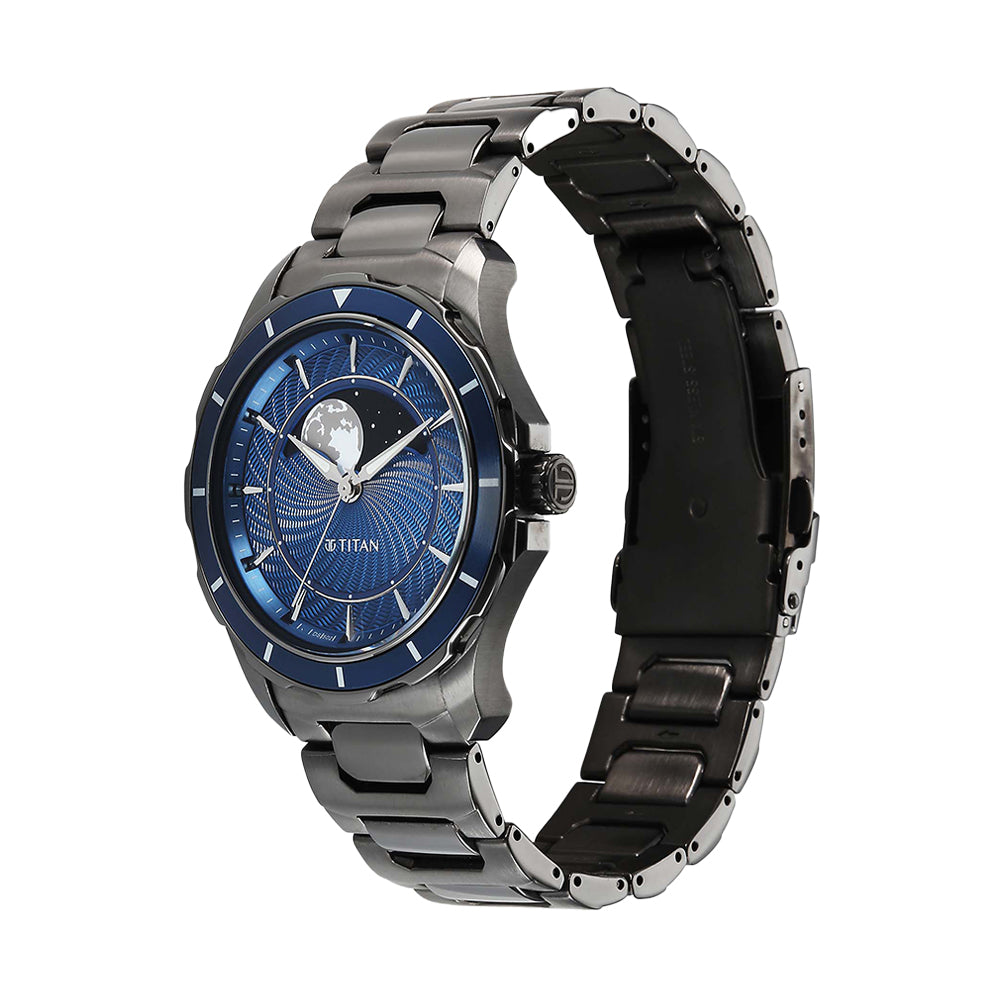 Titan Noor Collection Blue Dial Stainless Steel Strap Watch for men