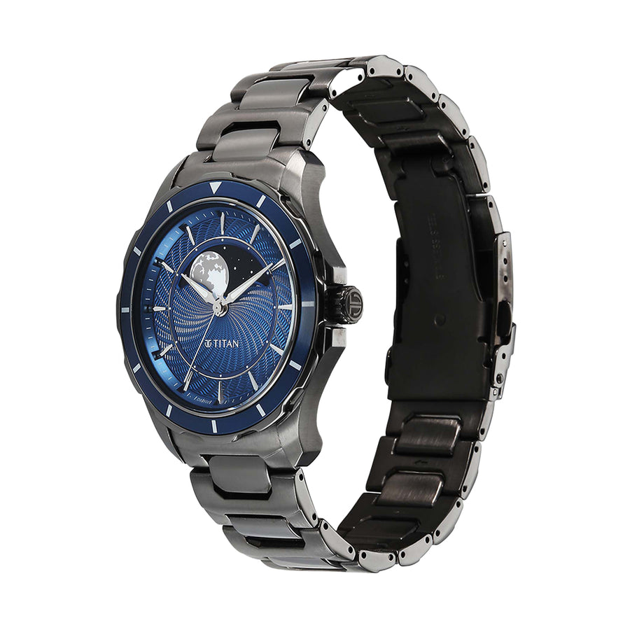 Titan Noor Collection Blue Dial Stainless Steel Strap Watch for men