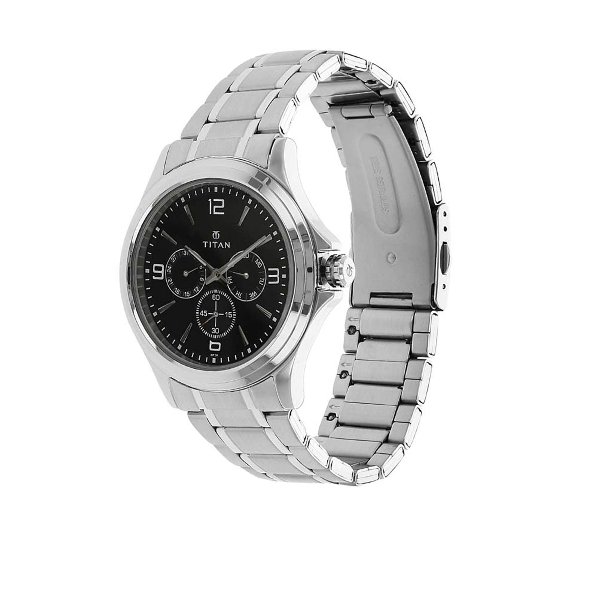 Titan Quartz Multifunction Black Dial Stainless Steel Strap Watch for Men