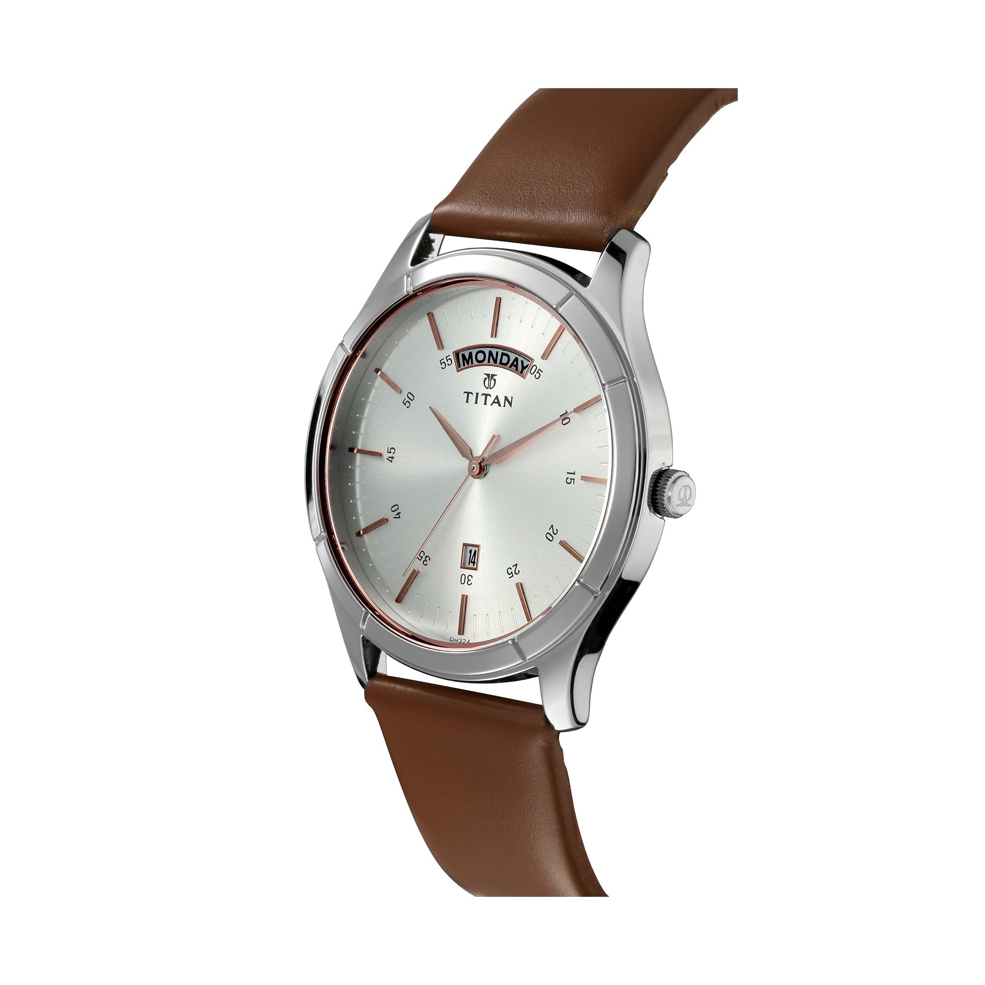 Titan On Trend White Dial Analog with Day and Date Leather Strap watch for Men