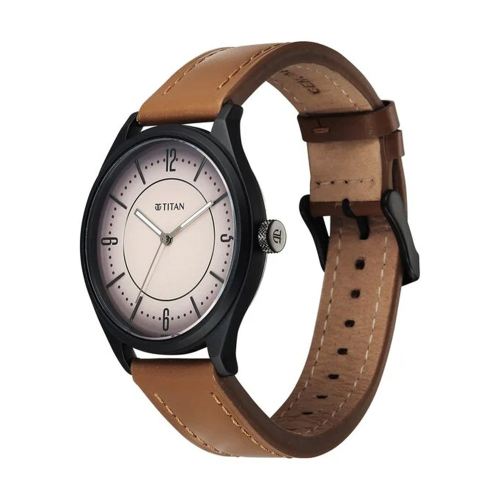 Titan Neo Basics Beige Dial Leather Strap Watch for Men
