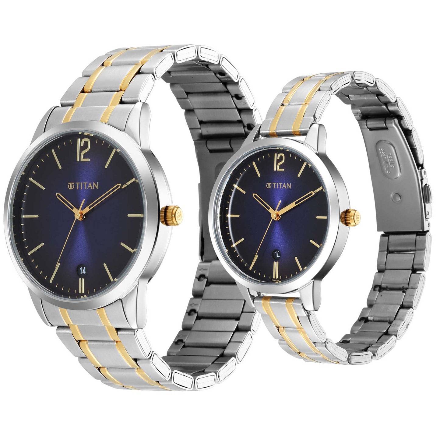 Titan Quartz Analog with Date Blue Dial Stainless Steel Strap Watch for Couple