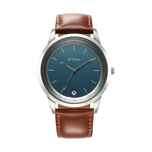 Titan Wrist Wit Blue Dial Leather Strap Watch for Men