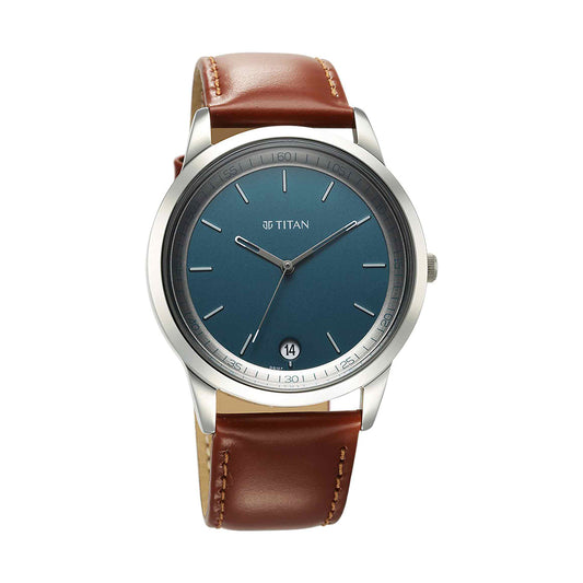 Titan Wrist Wit Blue Dial Leather Strap Watch for Men
