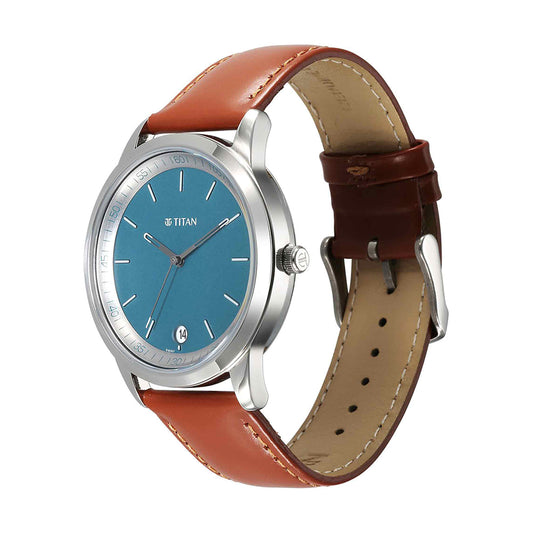 Titan Wrist Wit Blue Dial Leather Strap Watch for Men