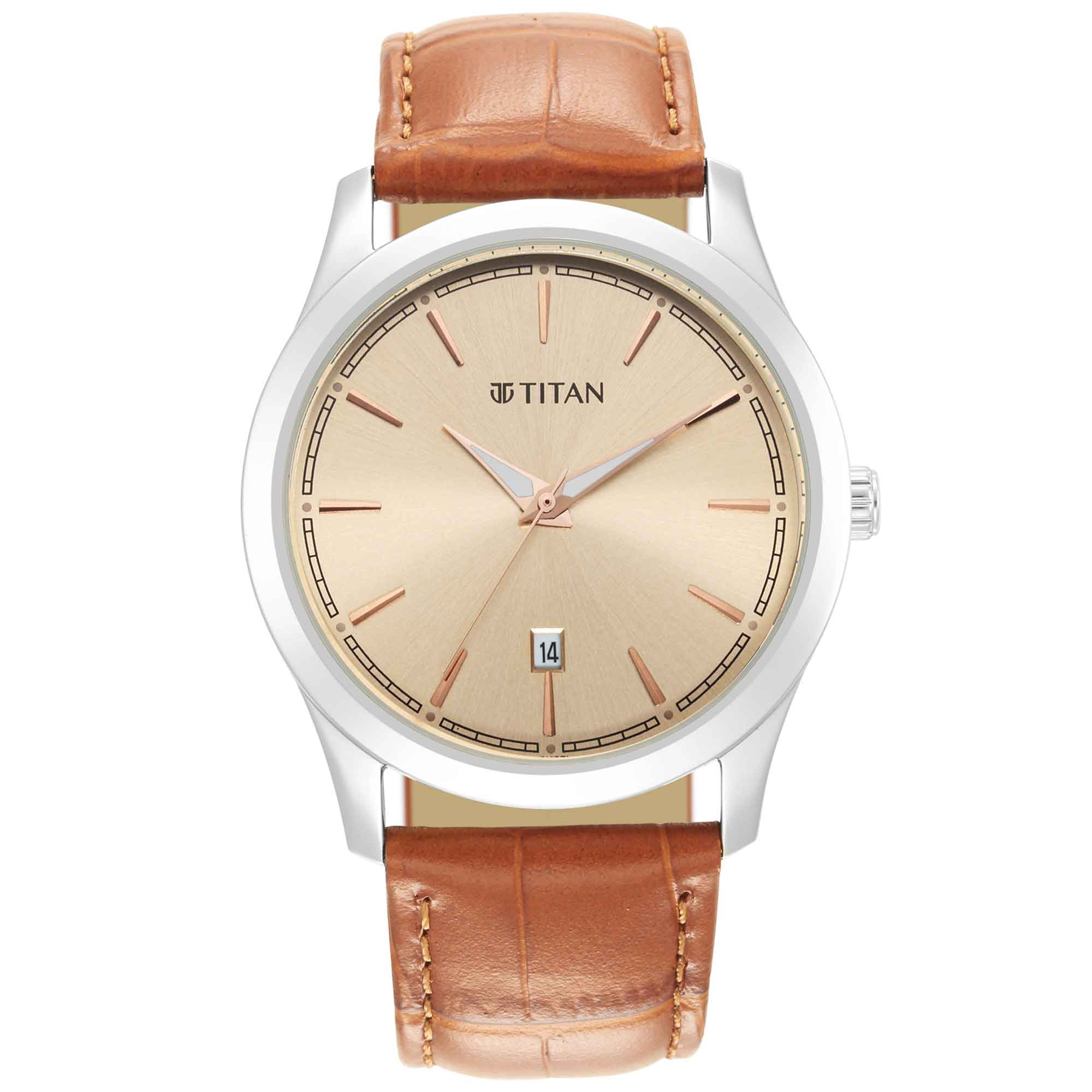 Titan Trendsetters Light Rose Gold Dial Analog Leather Strap watch for Men