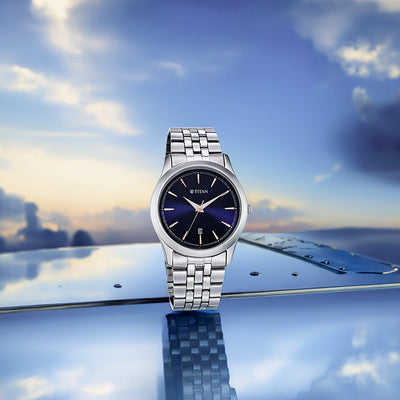 Jam Tangan Lelaki Tali Keluli Tahan Karat Analog Dail Biru Titan Trendsetters