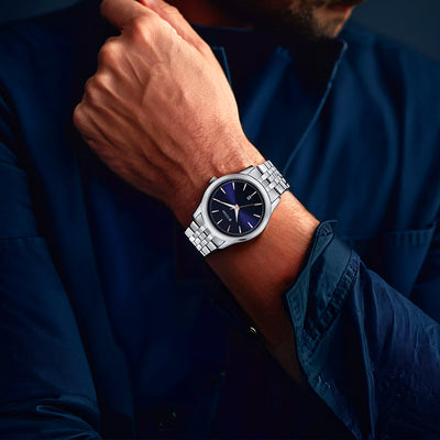 Jam Tangan Lelaki Tali Keluli Tahan Karat Analog Dail Biru Titan Trendsetters