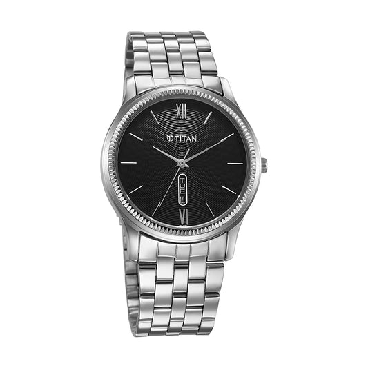 Titan Quartz Black Dial Stainless Steel Strap Watch for Men