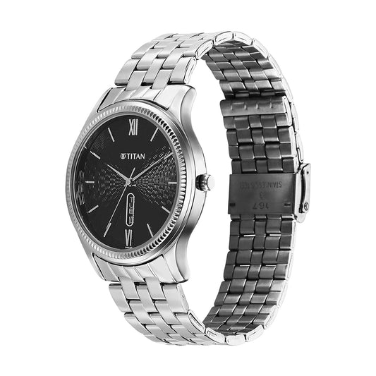 Titan Quartz Black Dial Stainless Steel Strap Watch for Men
