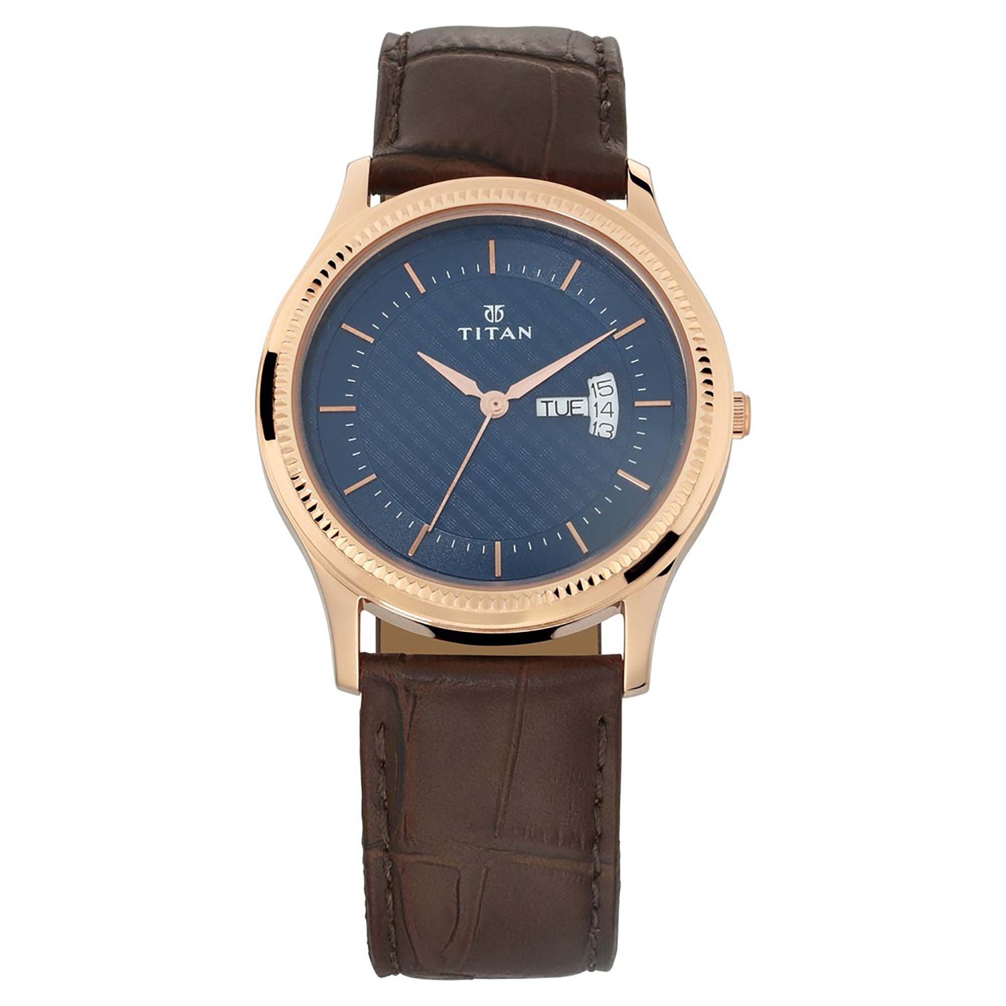 Titan Analog Blue Dial Day Date Leather Strap watch for Men