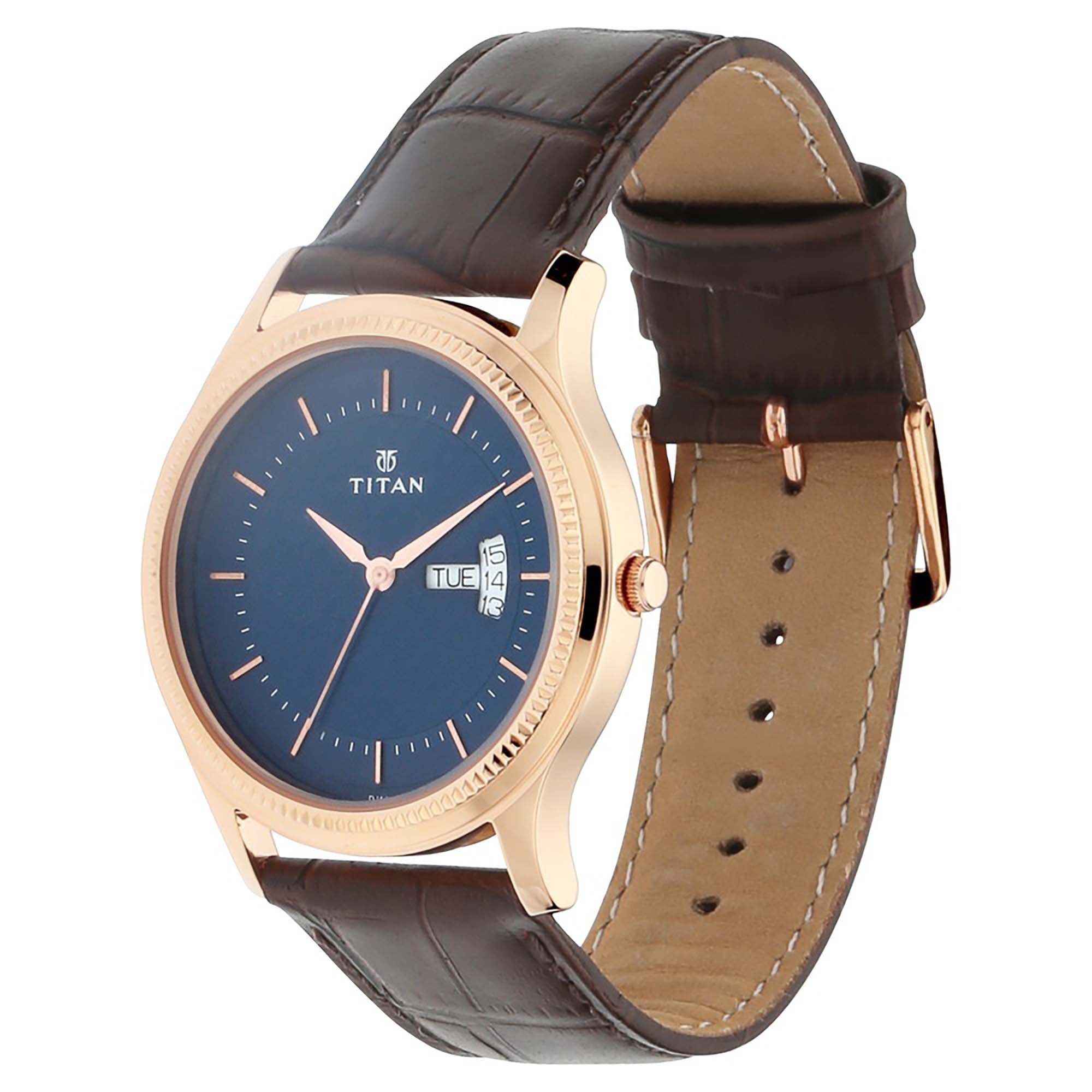 Titan Analog Blue Dial Day Date Leather Strap watch for Men