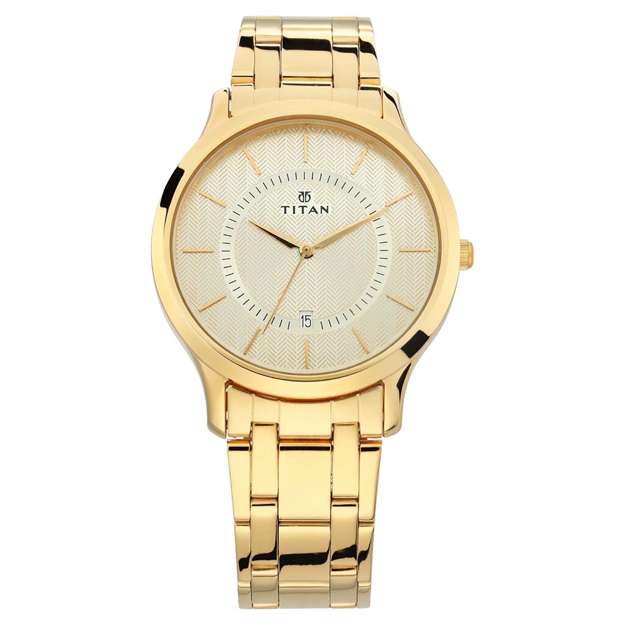 Titan Quartz Analog with Date Champagne Dial Stainless Steel Strap Watch for Men