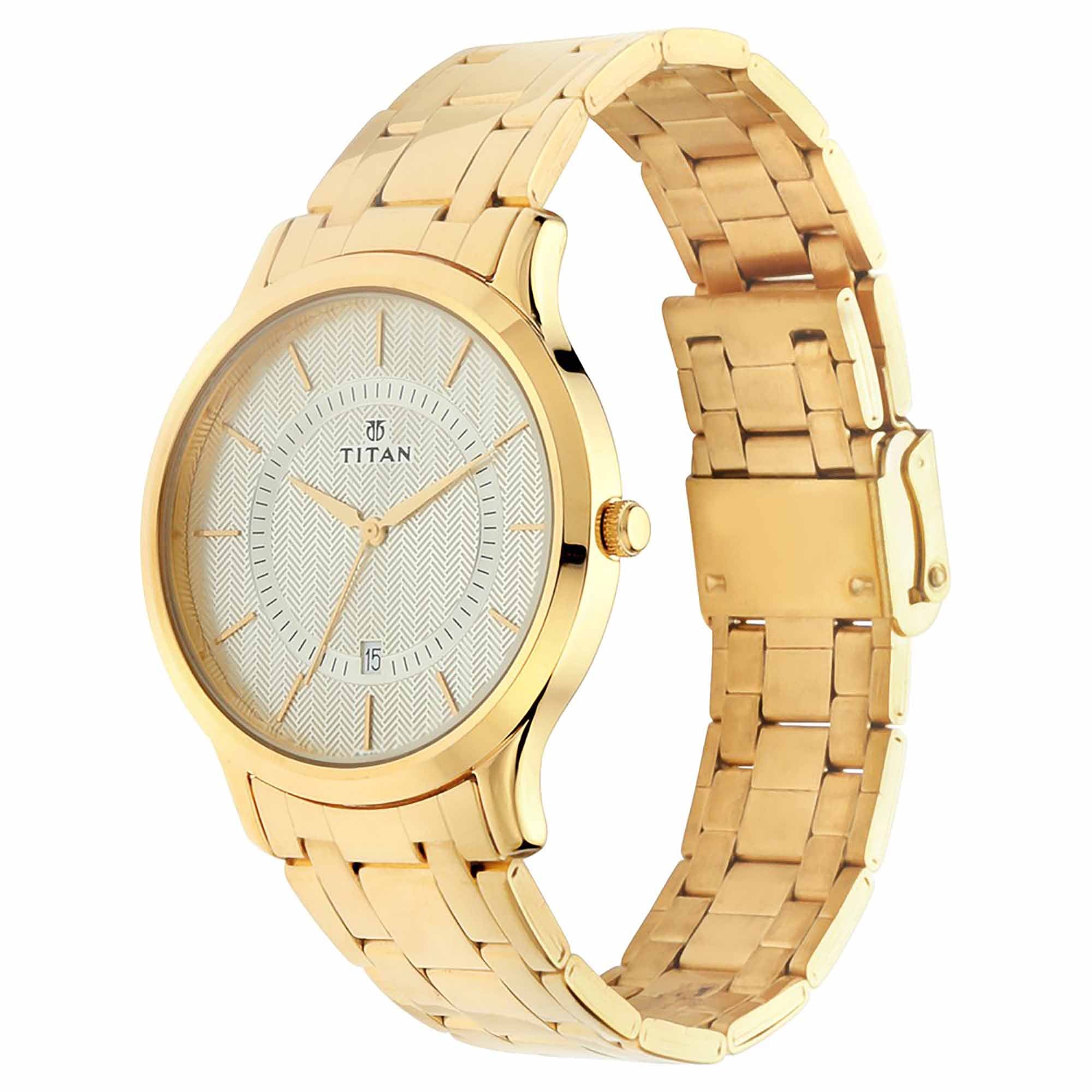 Titan Quartz Analog with Date Champagne Dial Stainless Steel Strap Watch for Men