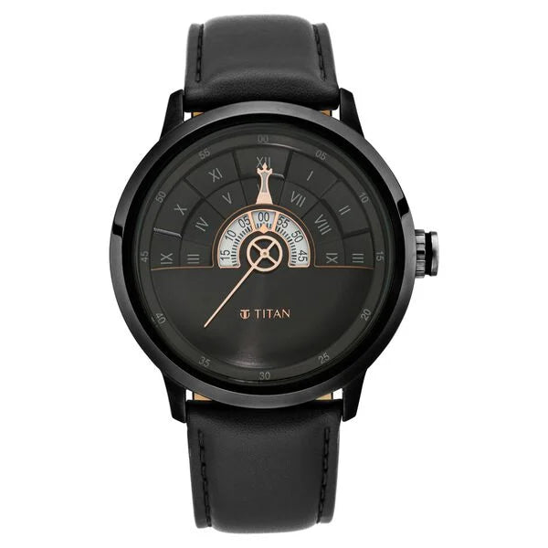 Titan Grandmaster Black Dial Quartz Analog Leather Strap Watch for Men (1828QL03)