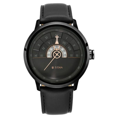 Titan Grandmaster Black Dial Quartz Analog Leather Strap Watch for Men (1828QL03)
