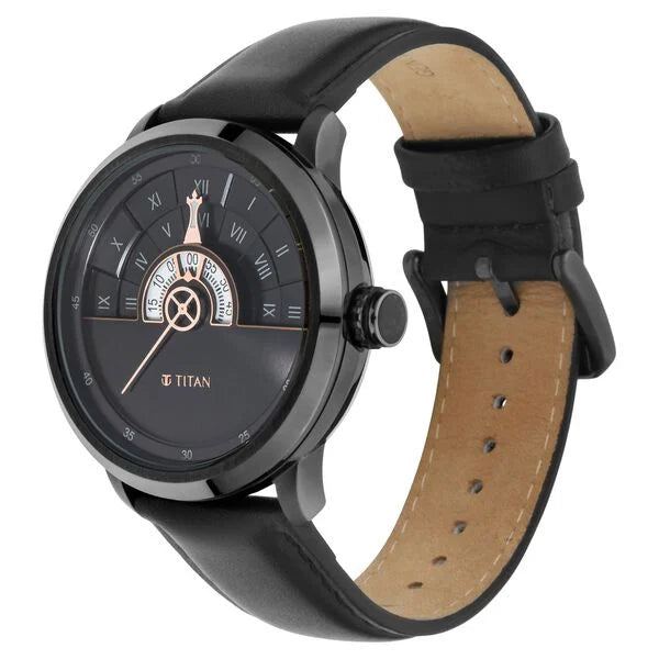 Titan Grandmaster Black Dial Quartz Analog Leather Strap Watch for Men (1828QL03)