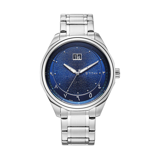 Titan Noor Collection Blue Dial Stainless Steel Strap Watch for Men
