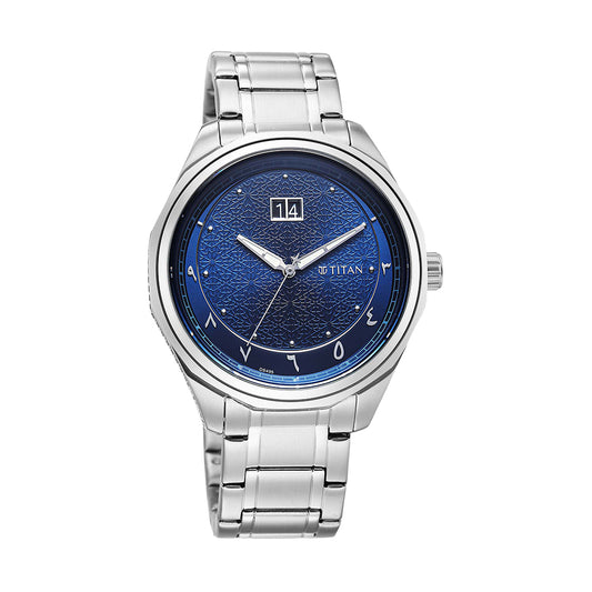 Titan Noor Collection Blue Dial Stainless Steel Strap Watch for Men
