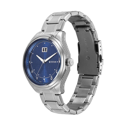 Titan Noor Collection Blue Dial Stainless Steel Strap Watch for Men