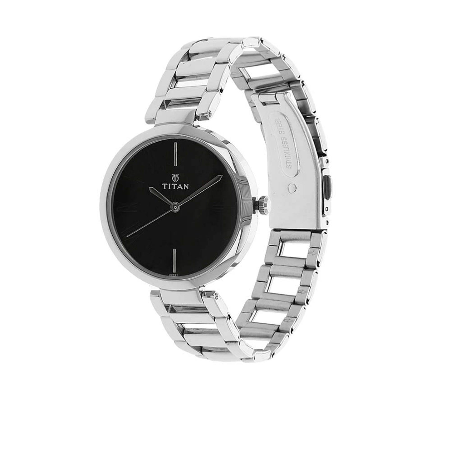 Titan Quartz Analog Black Dial Stainless Steel Strap Watch for Women