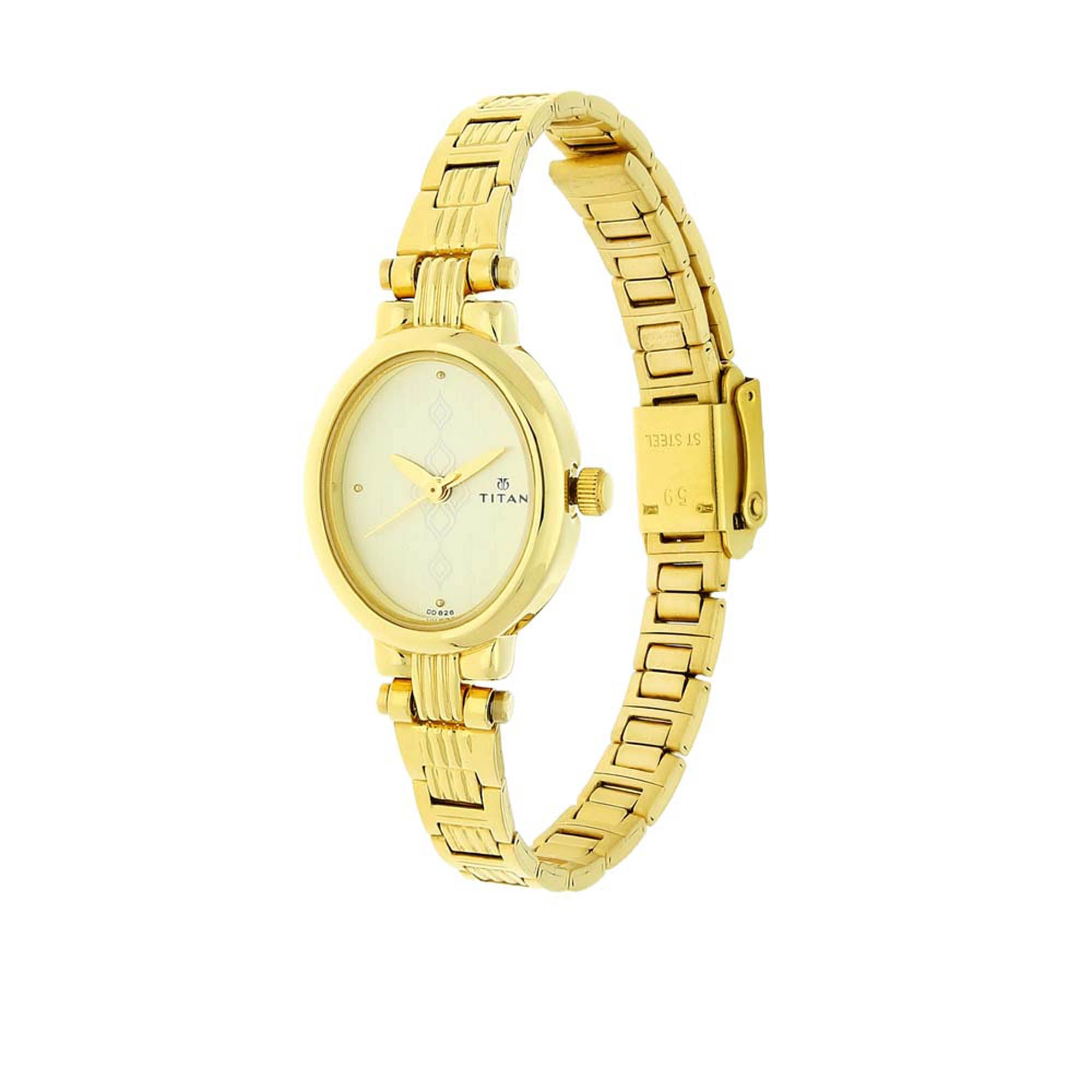 Titan Quartz Analog Champagne Dial Stainless Steel Strap Watch for Women