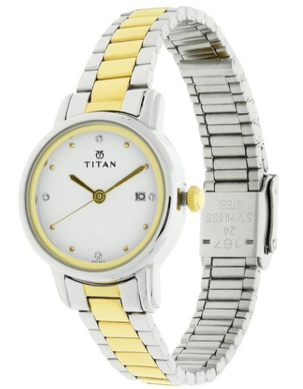 Titan Karishma White Dial Analog with Date Two-Toned Stainless Steel Strap for Women